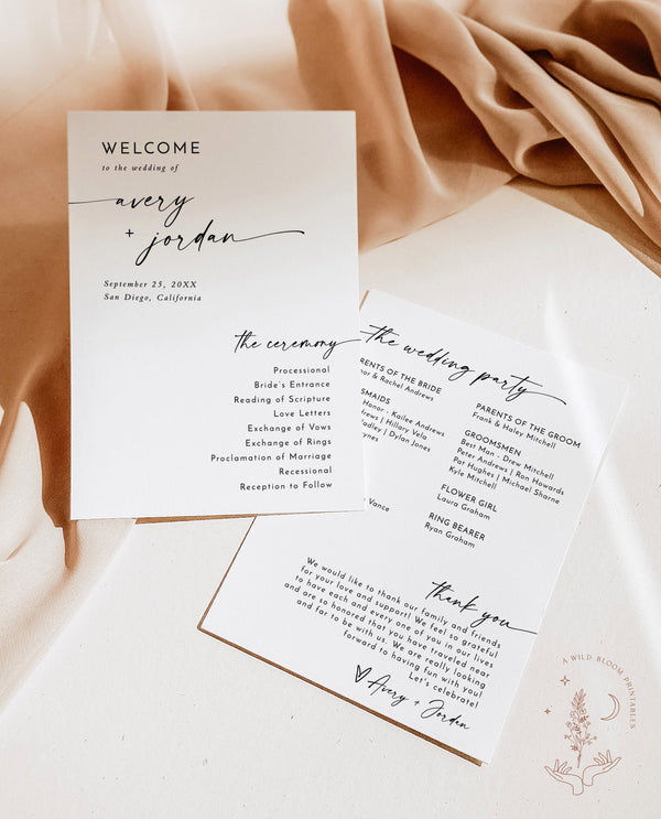 Minimalist Wedding Program | Order of Service | Winter Wedding | Modern Wedding Program | Boho Wedding Program | Editable Template | M9