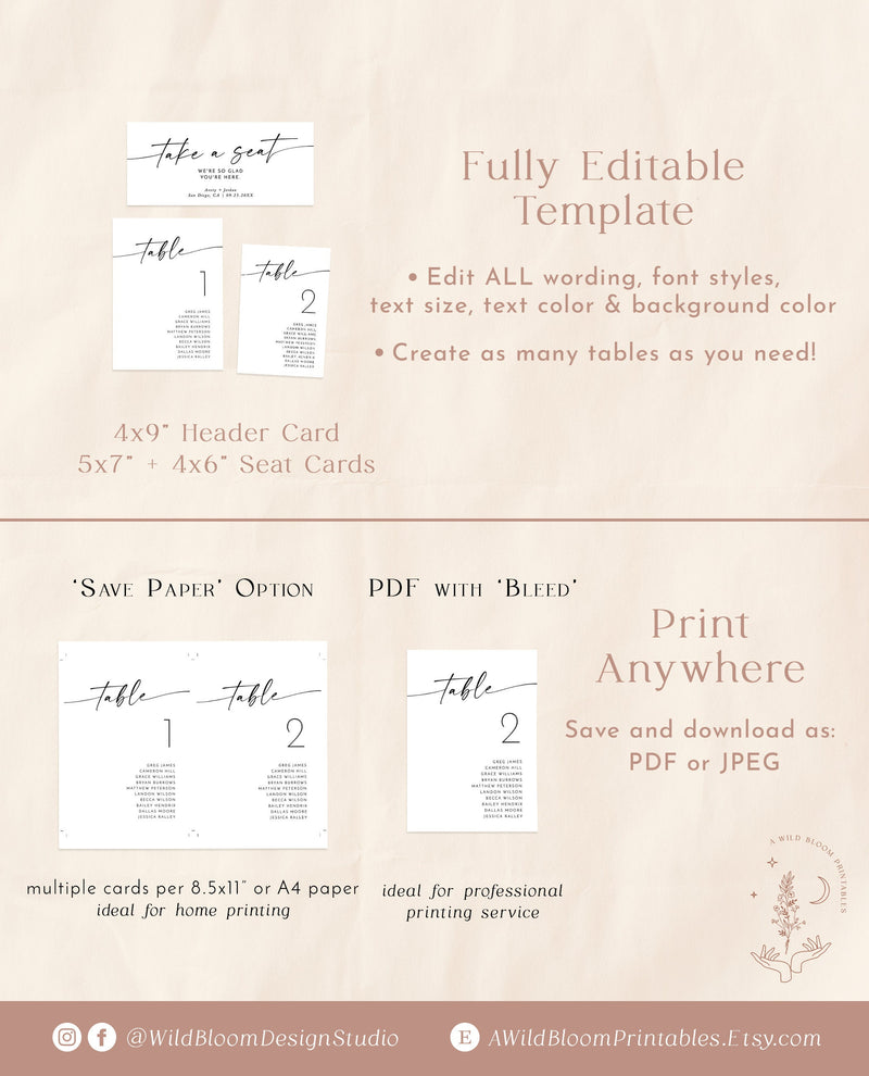 Minimalist Wedding Seating Cards | Wedding Seating Chart | Modern Wedding Seat Cards | Table Seating Chart Cards | Editable Template | M9