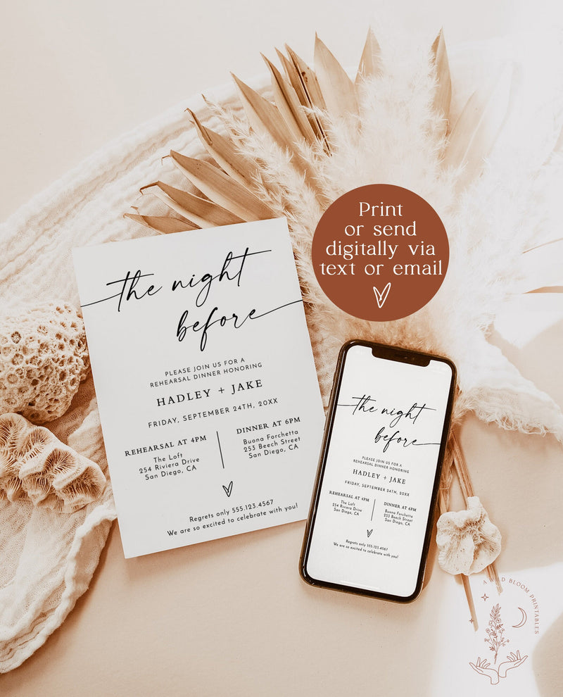 Minimalist Rehearsal Dinner Invitation | Modern Minimalist Wedding Rehearsal Invite | Boho Dinner Invite | Editable Template | M9