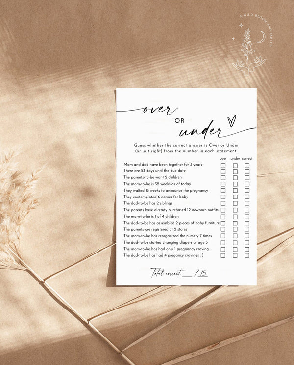 Over or Under Baby Shower Game | Modern Baby Shower | Minimalist Baby Shower Game | Over or Under Trivia Game | Gender Neutral Shower | M9