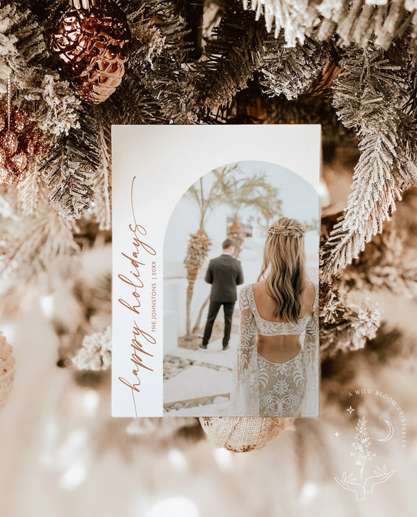 Happy Holidays Card Template | Boho Newlywed Christmas Card | Minimalist Christmas Card | Wedding Thank You Card | Editable Template M9