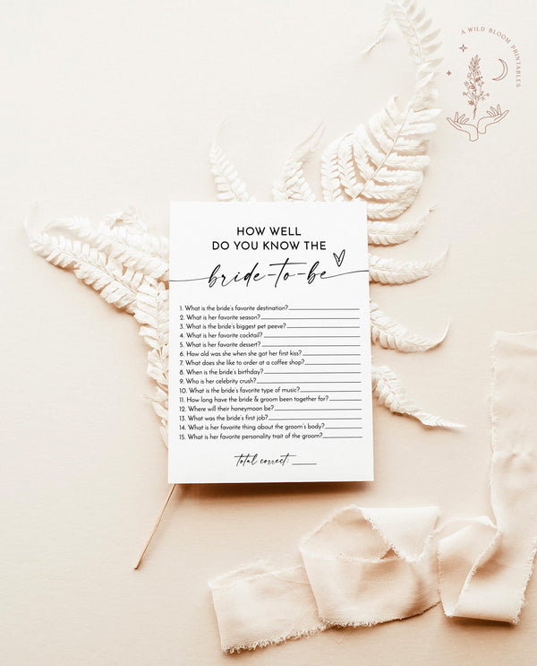 How Well Do You Know the Bride-to-Be Game | Modern Bridal Trivia Shower Game | Minimalist Bridal Shower Game | Editable Template | M9