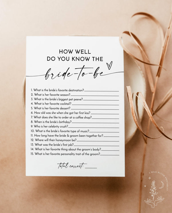 How Well Do You Know the Bride-to-Be Game | Modern Bridal Trivia Shower Game | Minimalist Bridal Shower Game | Editable Template | M9