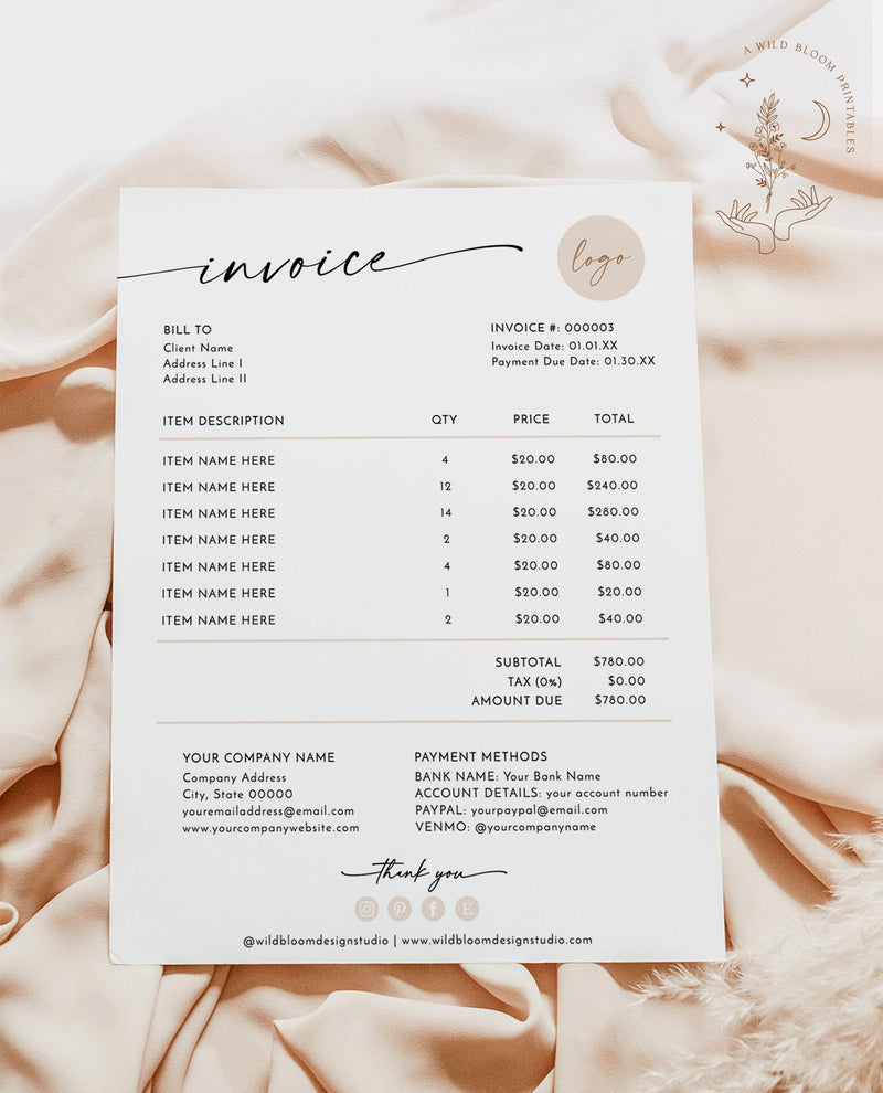 Minimalist Invoice Template | Boho Small Business | Modern Client Invoice | Editable Template | Services Invoice | Business Invoice | M9