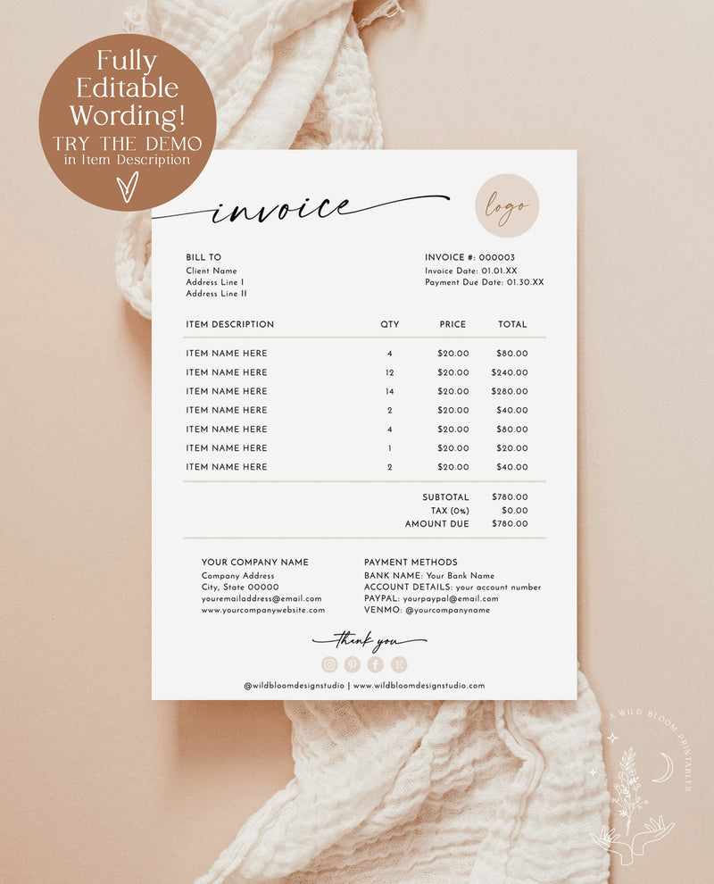 Minimalist Invoice Template | Boho Small Business | Modern Client Invoice | Editable Template | Services Invoice | Business Invoice | M9