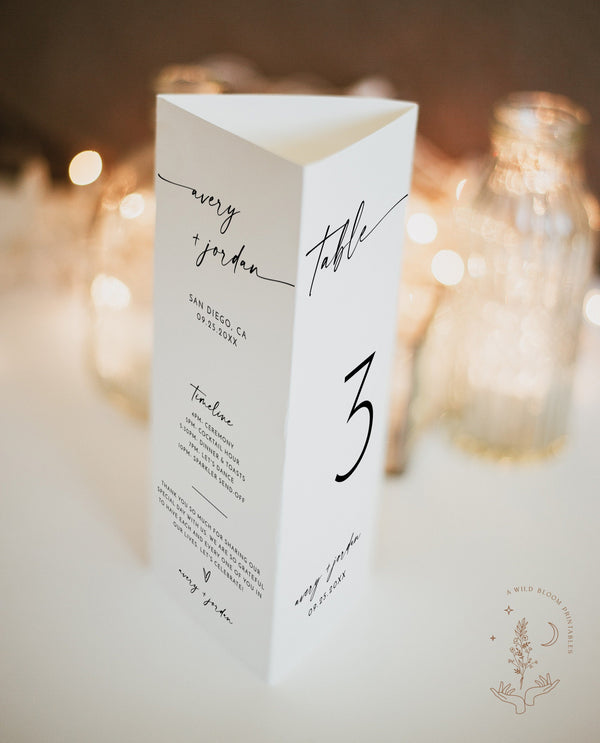 Modern Wedding Trifold Table Numbers | Minimalist Wedding Table Numbers | Tri-fold Table Menu | Triangle Table Stand | Editable Template M9