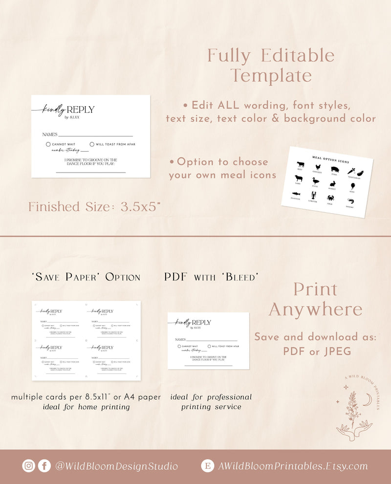 Modern RSVP Card | Minimalist Wedding Response Card | Wedding Insert | Printable RSVP Card | Wedding Reply Card | Editable Template | D1