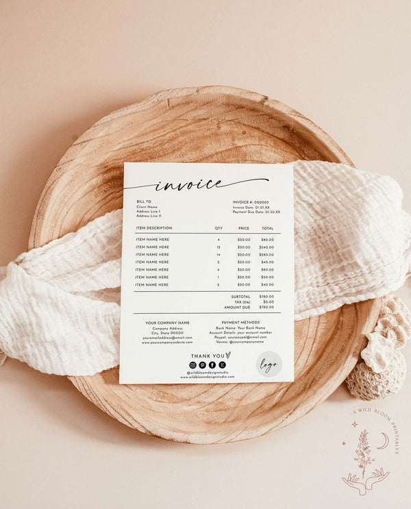 Minimalist Invoice Template | Boho Small Business Invoice | Modern Client Invoice | Editable Template | Services Invoice | Business Invoice