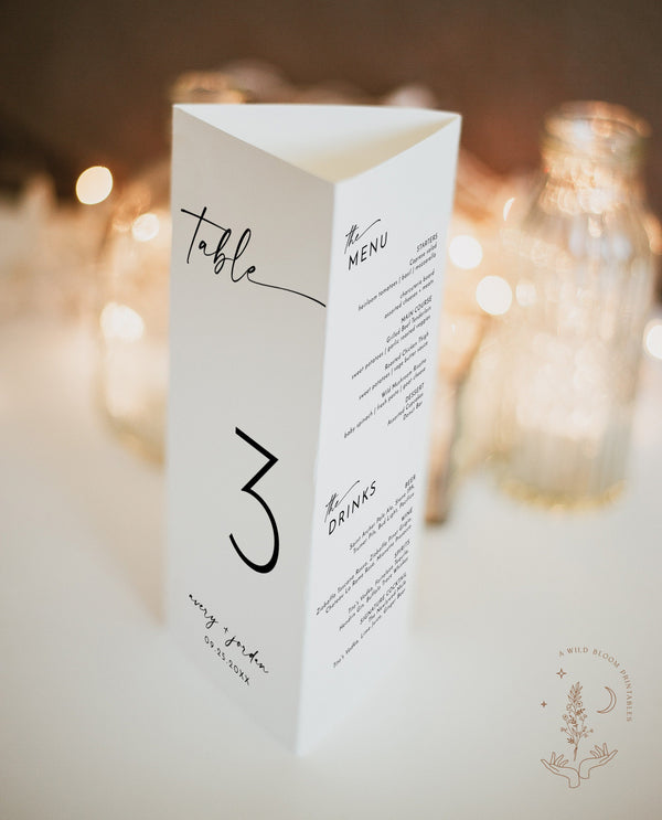 Modern Wedding Trifold Table Numbers | Minimalist Wedding Table Numbers | Tri-fold Table Menu | Triangle Table Stand | Editable Template M9