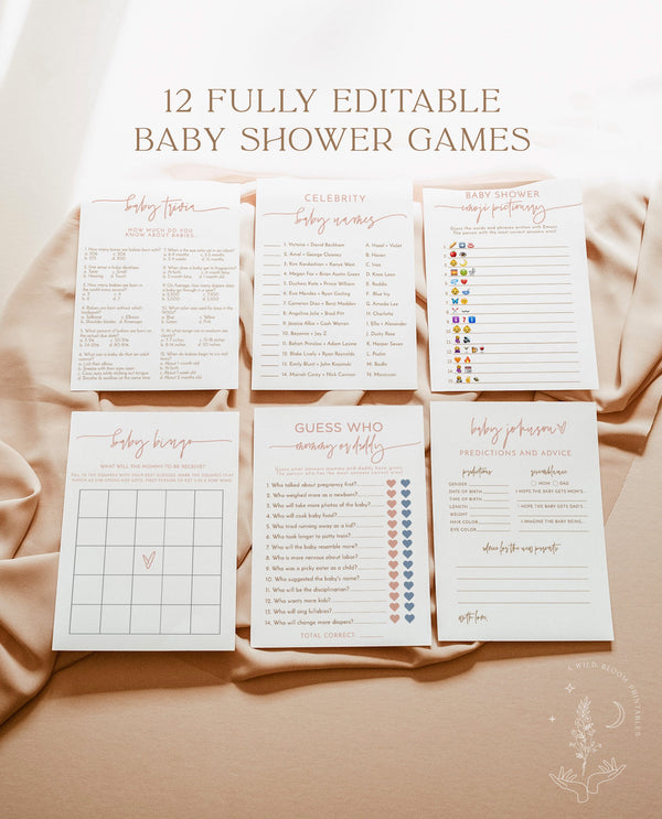 Boho Baby Shower Games | Dusty Blush Shower Bundle | Minimalist Pink Baby Shower | Modern Girl Baby Shower Games | Editable Template | BM1