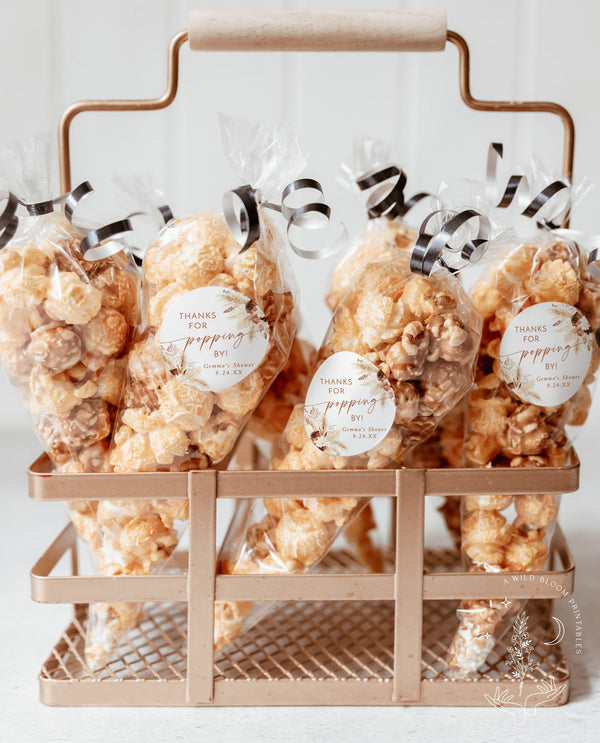 Popcorn Favor Tags | Boho Shower Favor Stickers | Boho Thank You Tags | Pampas Grass Shower | Thanks for Popping By | Editable Template | A4