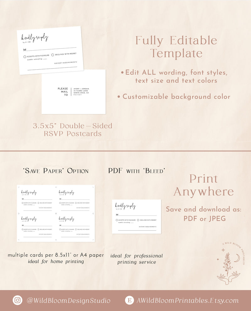 Minimalist RSVP Postcard | Modern Wedding Response Card | Wedding Insert | Printable RSVP Card | Wedding Reply Card | Editable Template | M4