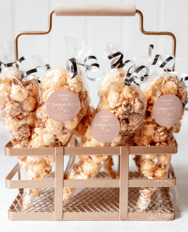Popcorn Favor Tags | Modern Shower Favor Stickers | Dusty Blush Thank You Tags | Thanks for Popping By | Editable Template | BM1