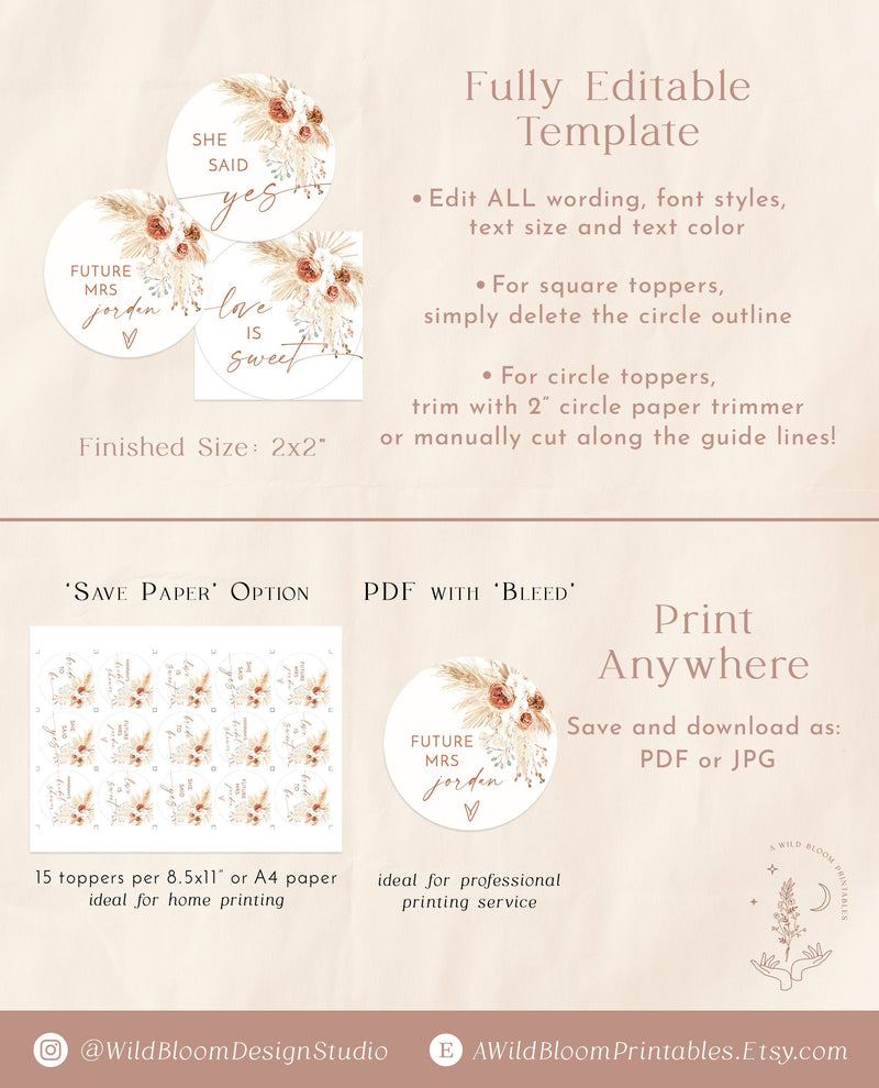 Boho Bridal Shower Cupcake Toppers | Pampas Grass Bridal Shower – Wild Bloom Design Studio boho-bridal-shower-cupcake-toppers-pampas-grass-bridal-shower-wild-bloom-design-studio