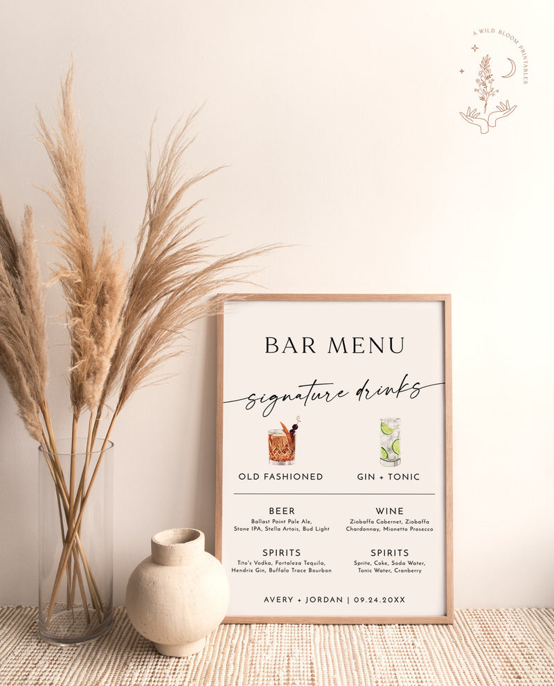 Signature Drinks Sign Template | Minimalist Wedding Bar Menu Poster | Signature Cocktail Sign | His + Hers Bar Sign | Editable Template | M9