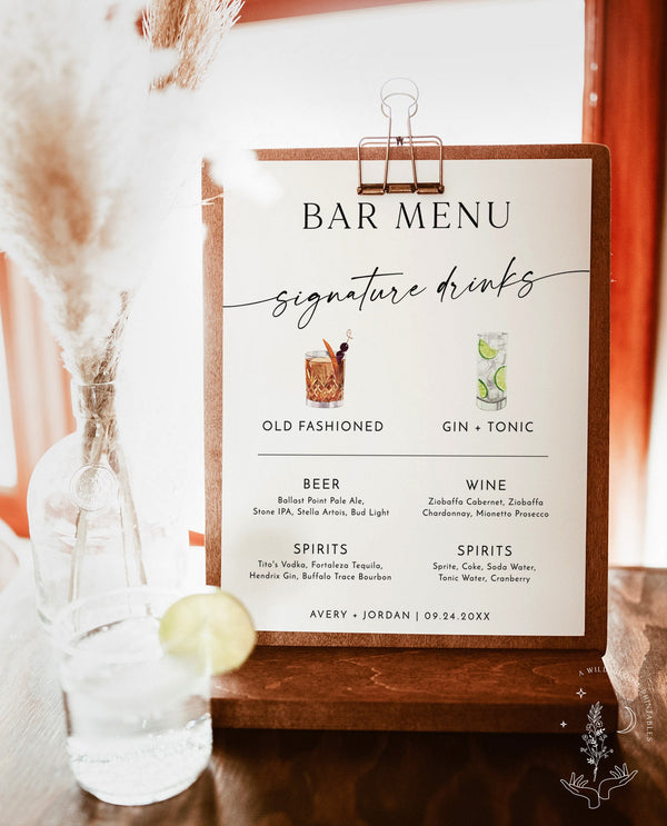 Signature Drinks Sign Template | Minimalist Wedding Bar Menu Poster | Signature Cocktail Sign | His + Hers Bar Sign | Editable Template | M9