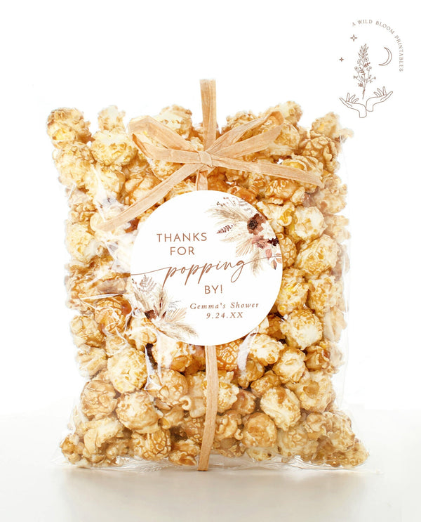 Popcorn Favor Tags | Boho Shower Favor Stickers | Boho Thank You Tags | Pampas Grass Shower | Thanks for Popping By | Editable Template | A4