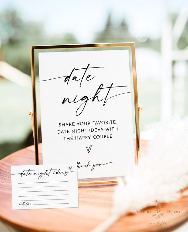 Modern Date Night Ideas Card | Date Night Ideas Sign | Boho Bridal Shower | Minimalist Bridal Shower | Date Night Card Template | M9