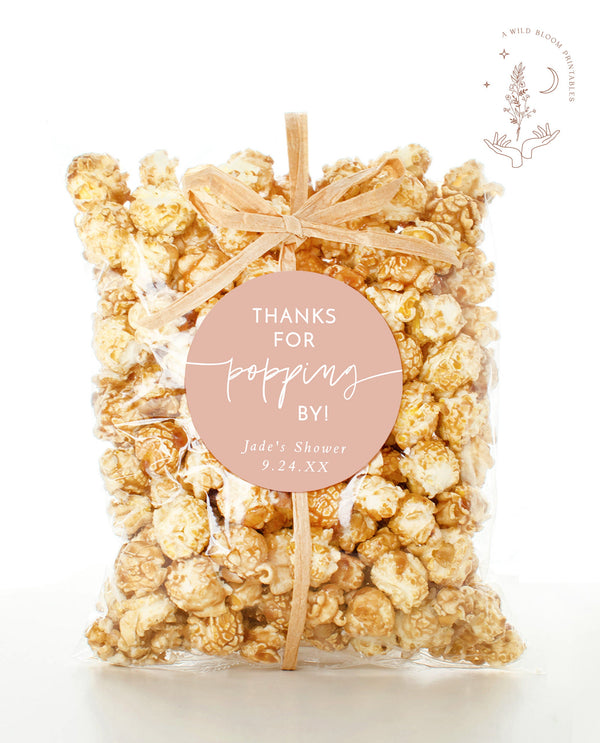 Popcorn Favor Tags | Modern Shower Favor Stickers | Dusty Blush Thank You Tags | Thanks for Popping By | Editable Template | BM1