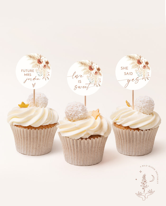 Boho Bridal Shower Cupcake Toppers | Pampas Grass Bridal Shower