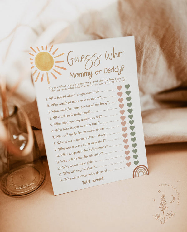 Sunshine Guess Who Game | Boho Gender Neutral Baby Shower | Rainbow Baby Shower Trivia | Mommy or Daddy Game | Editable Template | S2