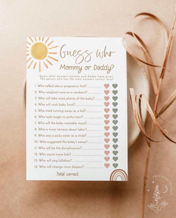 Sunshine Guess Who Game | Boho Gender Neutral Baby Shower | Rainbow Baby Shower Trivia | Mommy or Daddy Game | Editable Template | S2