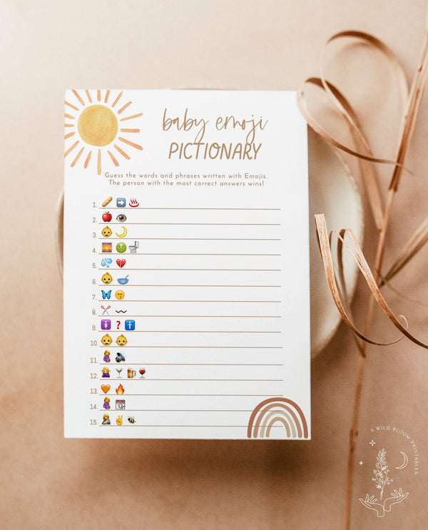 Sunshine Emoji Picture Game | Baby Shower Emoji Picture Game | Gender Neutral Shower | Sun Baby Shower | Boho Rainbow Baby Shower Game | S2