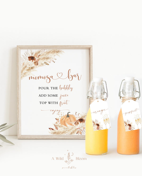 Boho Baby Shower Mimosa Bar Sign | Pampas Grass Baby Shower Momosa Sign | Juice Bar Tags | Momosa Juice Labels | Pumpkin Baby Shower | A4