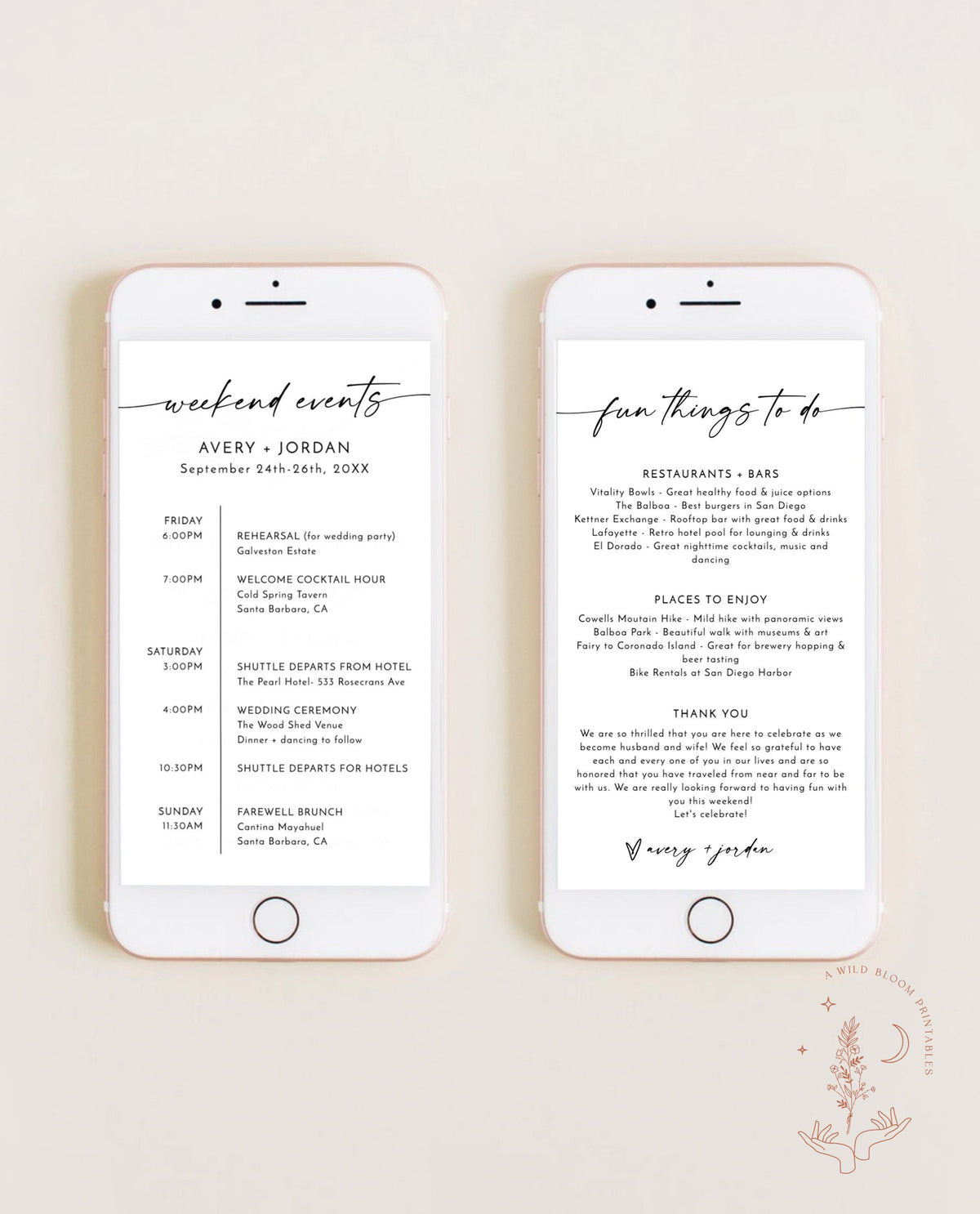 Minimalist Wedding Weekend Itinerary Template | Digital Itinerary