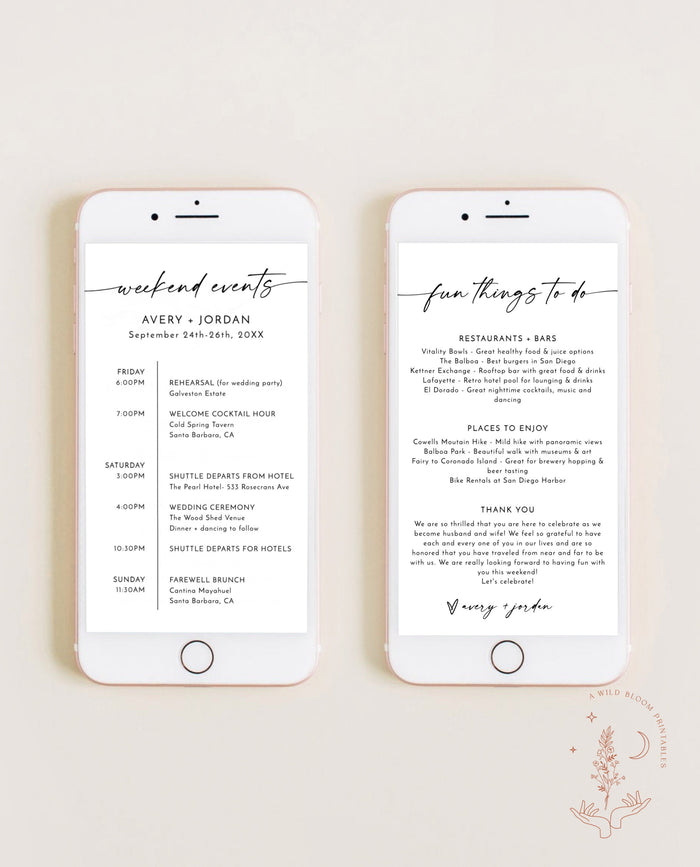 Minimalist Wedding Weekend Itinerary Template | Digital Itinerary