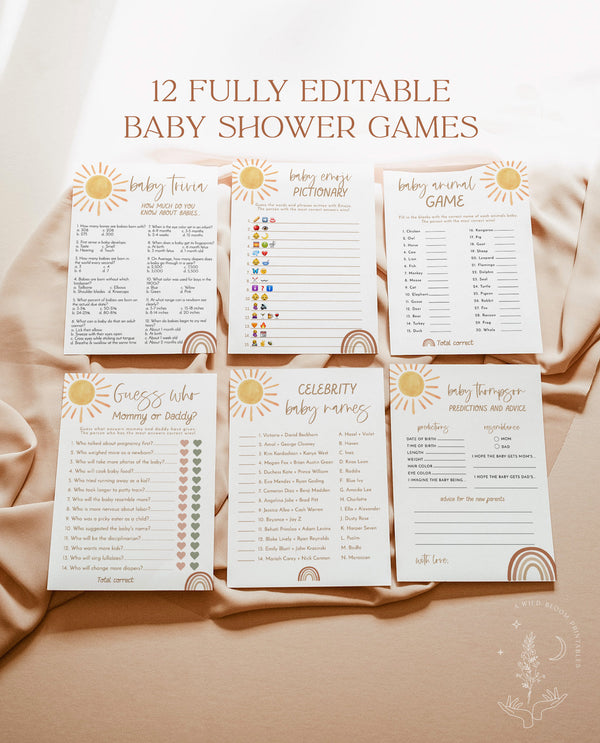 Sunshine Baby Shower Games | Gender Neutral Shower Bundle | Boho Rainbow Baby Shower | Terracotta Baby Shower Games | Editable Template | S2