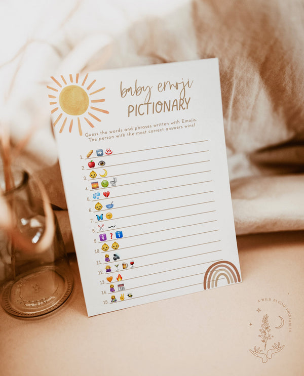 Sunshine Emoji Picture Game | Baby Shower Emoji Picture Game | Gender Neutral Shower | Sun Baby Shower | Boho Rainbow Baby Shower Game | S2