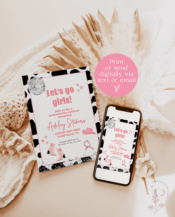 Space Cowgirl Bachelorette Party Invite | Disco Bachelorette Party | Bachelorette Itinerary | Let's Go Girls | Nashville Bachelorette | D2