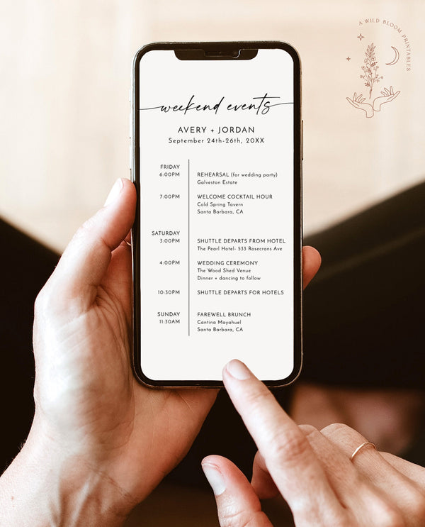 Minimalist Wedding Weekend Itinerary Template | Digital Itinerary | Fun Things to Do | Electronic Weekend Events | Wedding Itinerary | M9