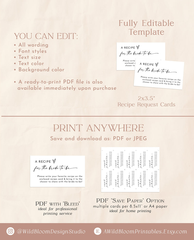 Minimalist Recipe Request Card Template | Bridal Shower Recipe Card Insert | Boho Recipe Request | Printable Instant Download | M9