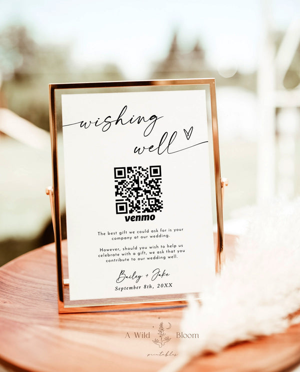 Honeymoon Fund Sign Template | Wishing Well QR Code Sign | Honeymoon Wish Sign | Minimalist Wedding | Modern Wedding Cash Registry Sign | M9