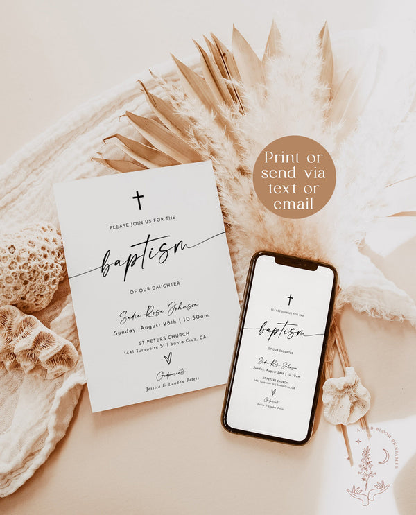 Minimalist Baptism Invite | Boho Baptism Invitation | Gender Neutral | Boho Girl Baptism Invite | 1st Communion Invite Editable Template M9