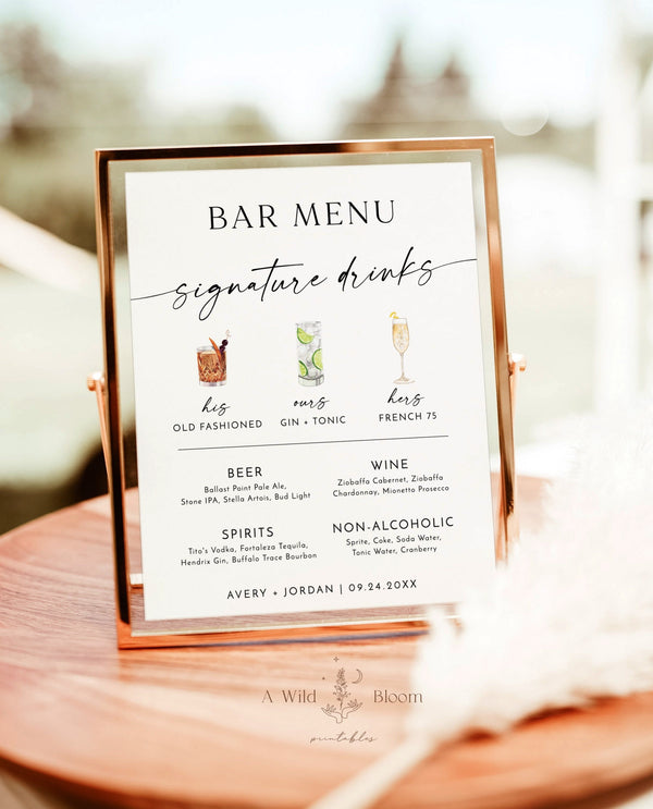 Signature Drinks Sign Template | Minimalist Wedding Bar Menu Poster | Signature Cocktail Sign | Wedding Bar Sign | His + Hers + Ours | M9