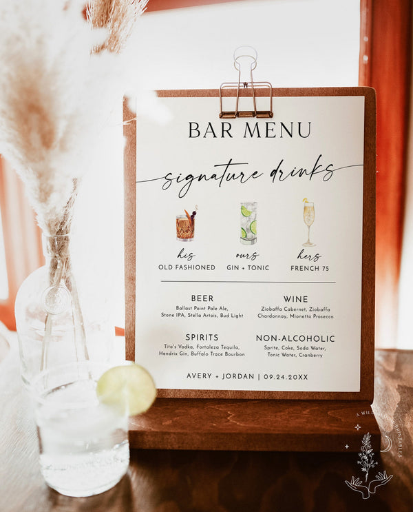 Signature Drinks Sign Template | Minimalist Wedding Bar Menu Poster | Signature Cocktail Sign | Wedding Bar Sign | His + Hers + Ours | M9