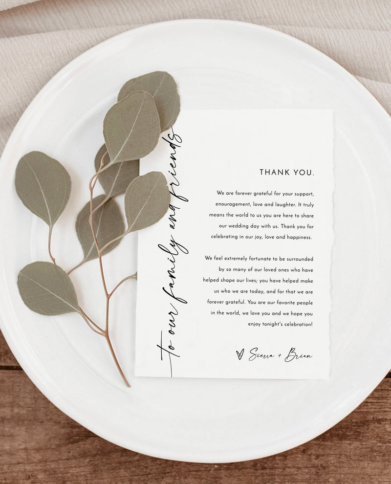 Wedding Menu Thank You | Modern Thank You Letter | Wedding Napkin Note | Editable Template | Minimalist Place Setting Thank You | M9