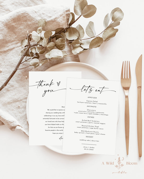 Minimalist Menu + Thank You Letter Template | Modern Place Setting Thank You | Wedding Napkin Note | Wedding Menu Thank You | M9