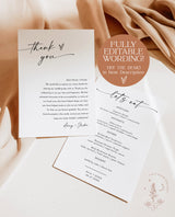 Minimalist Menu + Thank You Letter Template | Modern Place Setting Thank You | Wedding Napkin Note | Wedding Menu Thank You | M9