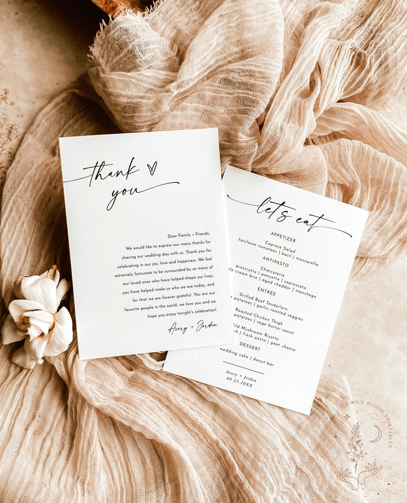 Minimalist Menu + Thank You Letter Template | Modern Place Setting Thank You | Wedding Napkin Note | Wedding Menu Thank You | M9