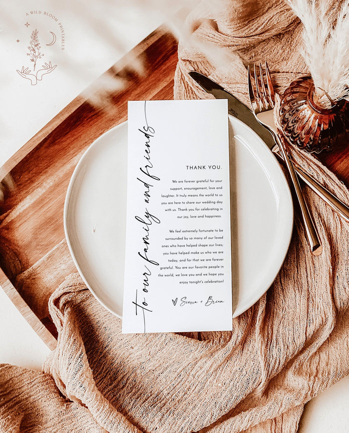 Wedding Menu Thank You | Modern Thank You Letter