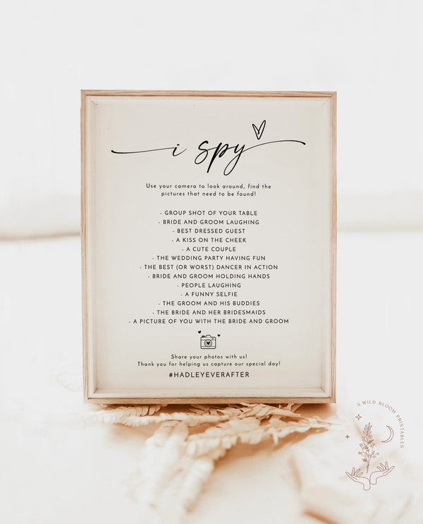 I Spy Wedding Game Template | Wedding Photo Hunt Game | Reception Photo Hunt | Minimalist Wedding Sign | Wedding Hashtag | M9