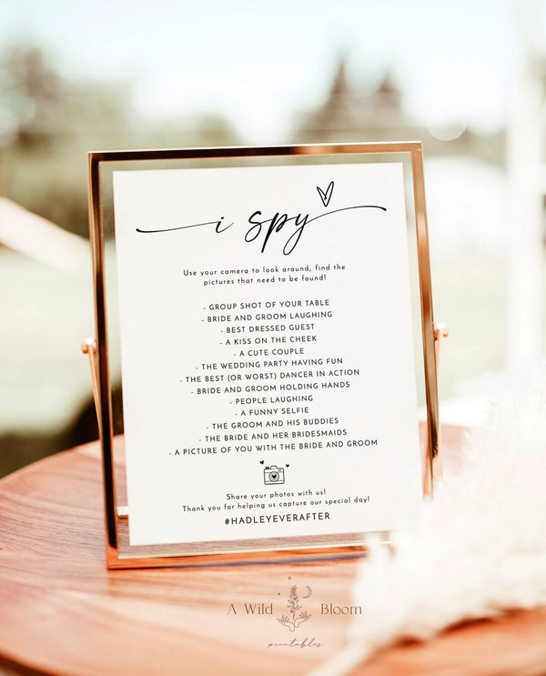 I Spy Wedding Game Template | Wedding Photo Hunt Game | Reception Photo Hunt | Minimalist Wedding Sign | Wedding Hashtag | M9