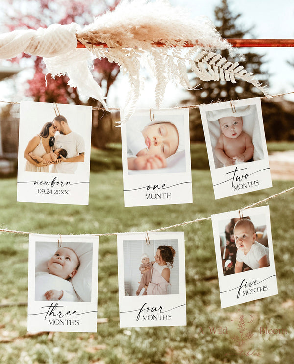 First Birthday Photo Banner | Minimalist Monthly Milestone Photo Cards | Modern Boho First Birthday | Gender Neutral First Birthday | M9