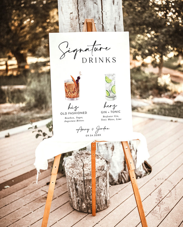 Signature Drinks Sign Template | Signature Cocktail Sign | Minimalist Wedding Bar Menu Sign | His and Hers Bar Sign | Editable Template | M5