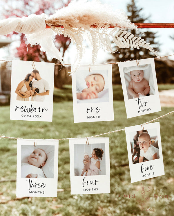 First Birthday Photo Banner | Minimalist Monthly Milestone Photo Cards | Gender Neutral First Birthday | Modern Boho First Birthday | M9