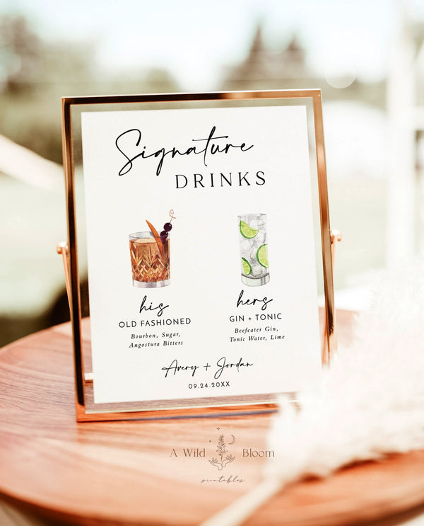 Signature Drinks Sign Template | Signature Cocktail Sign | Minimalist Wedding Bar Menu Sign | His and Hers Bar Sign | Editable Template | M5